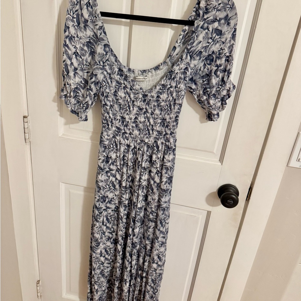 Abercrombie & Fitch Smocked Floral Maxi Dress in Blue and White